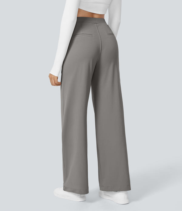 plissierte dehnbare Stoffhose mit hohem Bund, Seitentaschen und geradem Bein