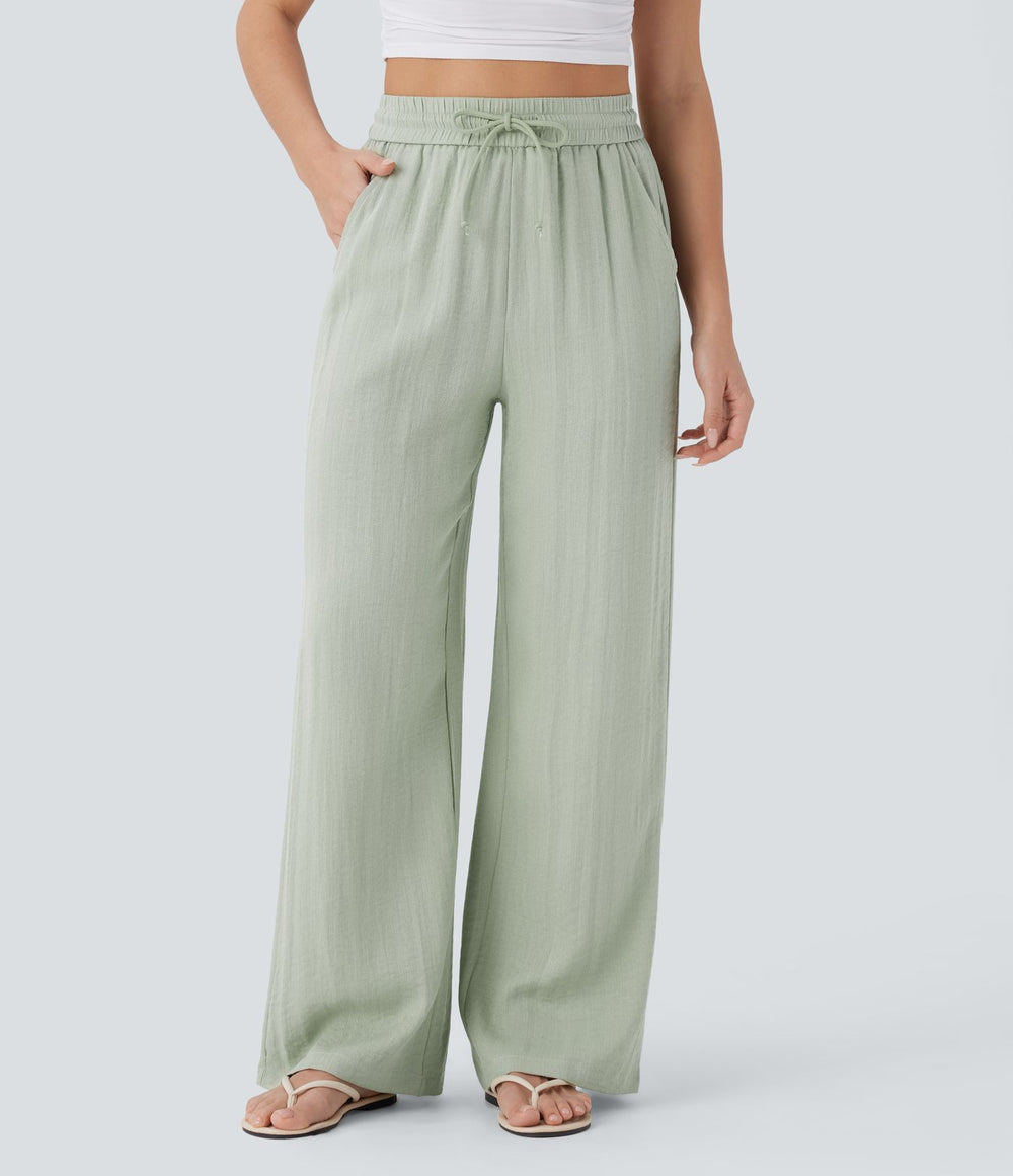 Lässige Hose mit Leinengefühl, hoher Taille, Kordelzug an der Seite und weitem Bein